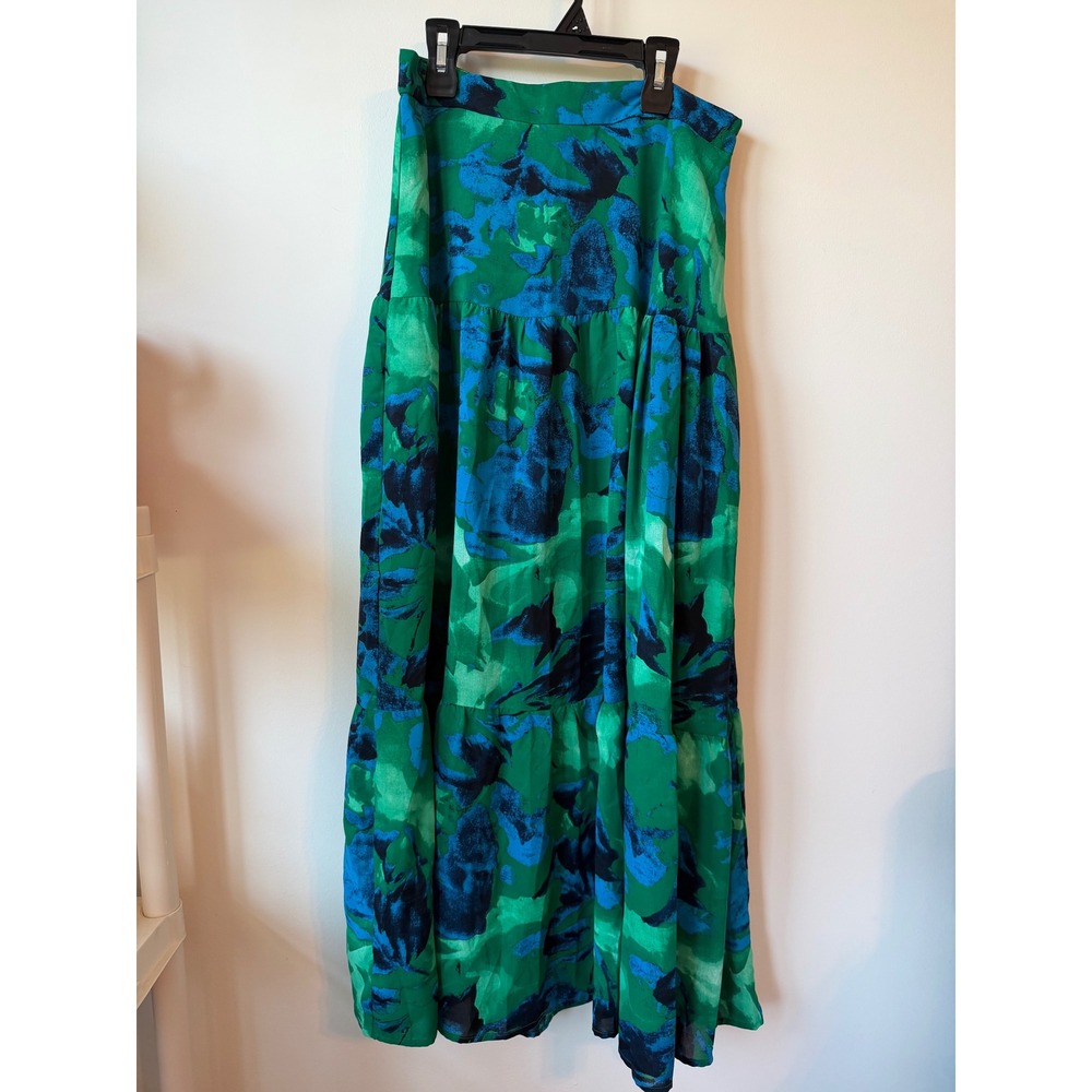 Vici Green Blue Abstract Floral Tiered Maxi Skirt Large Boho High Waist Flowy